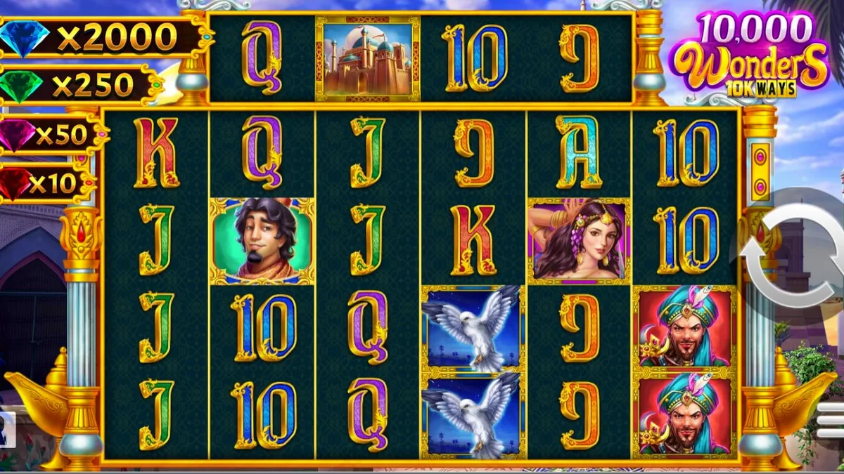 Tampilan visual slot 10,000 Wonders Big Bang dengan latar belakang kuil Timur Tengah yang megah.