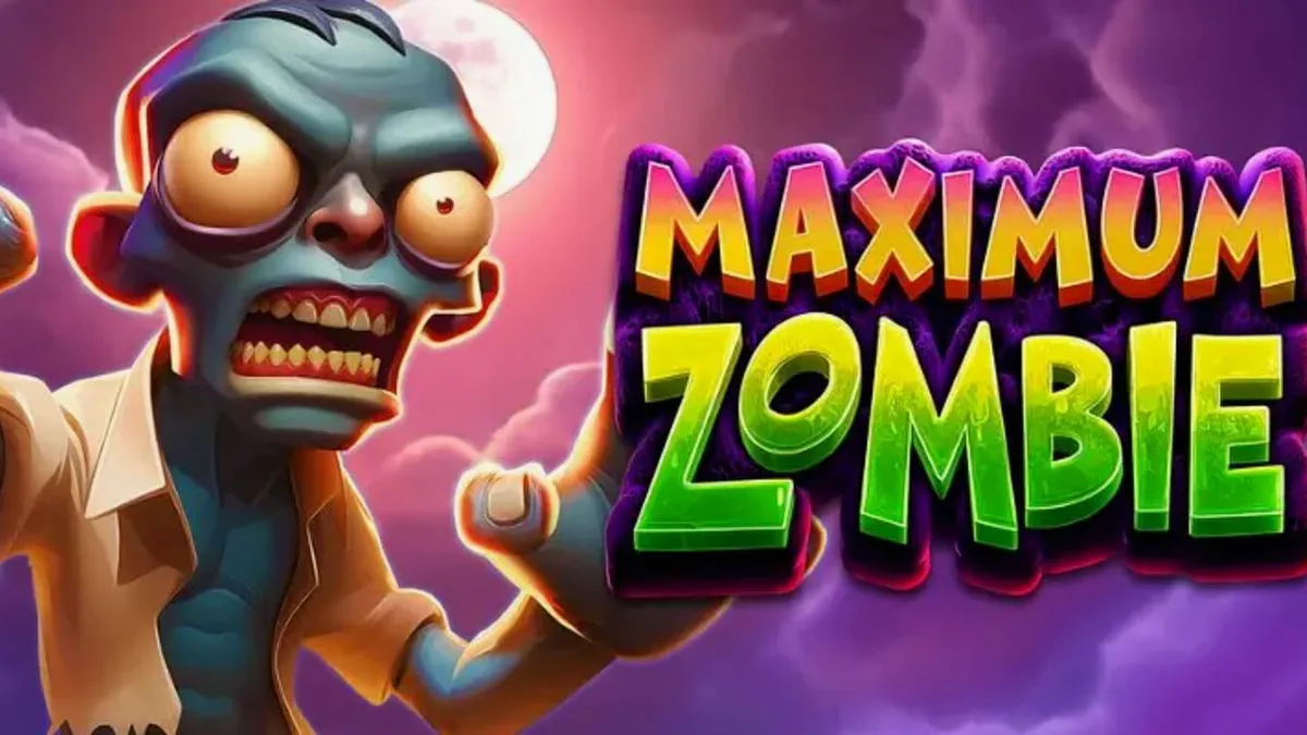 Tampilan visual slot Maximum Zombie dengan latar belakang kota hancur dan simbol zombie yang ikonik.