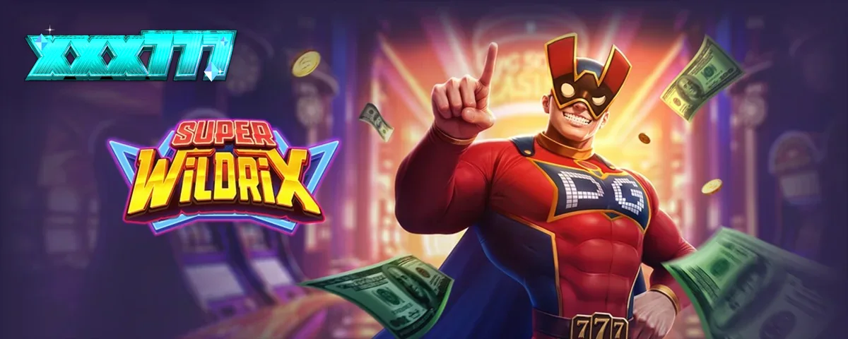 Tampilan visual slot Super Wildrix dengan tema pahlawan super neon